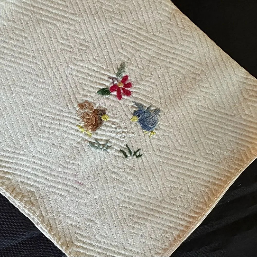 Vintage Bird Motif Embroidered Cream Silk Napkin